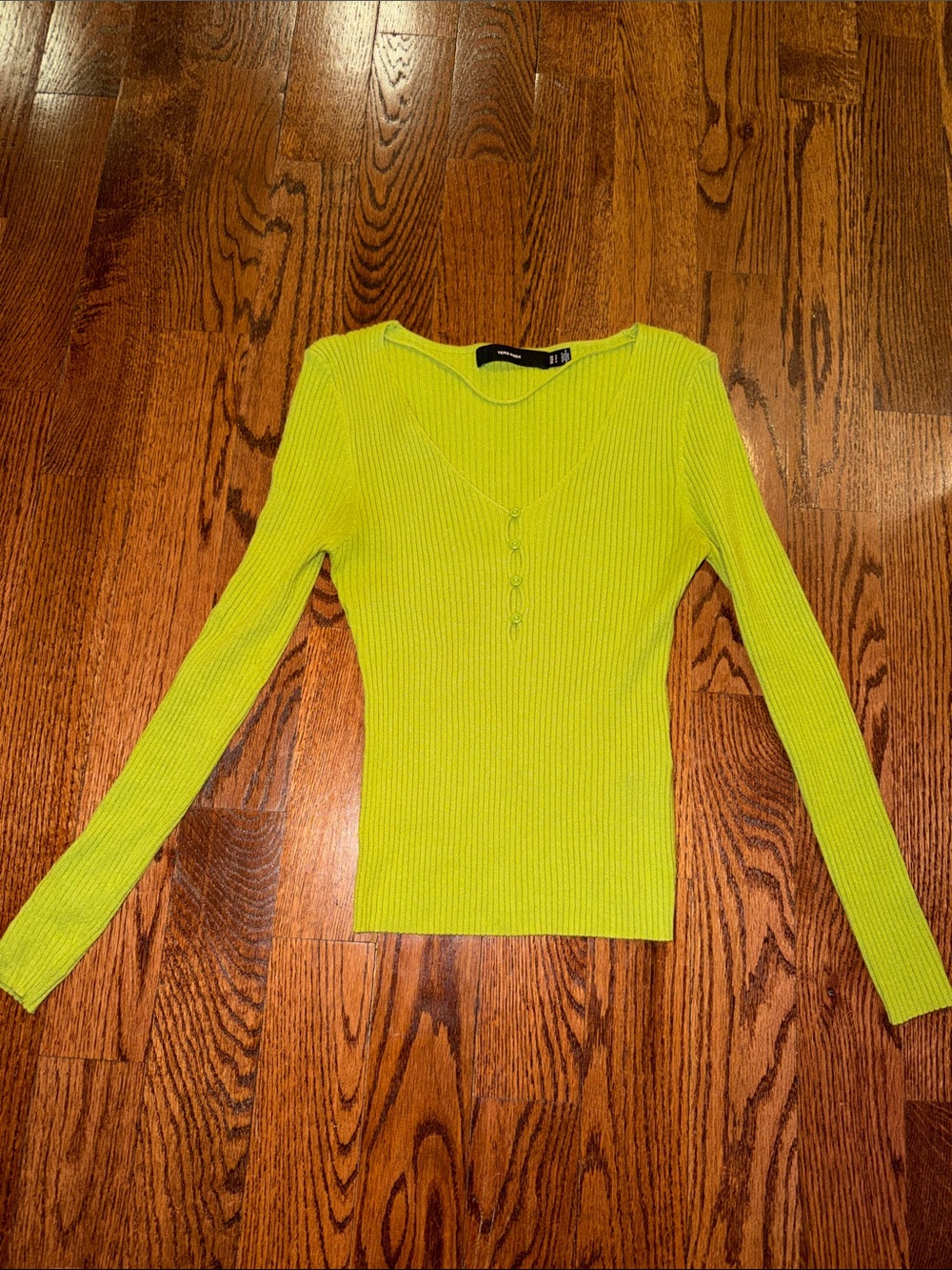 Vero Moda Ribbed Neon Lime Henley V‑Neck Top